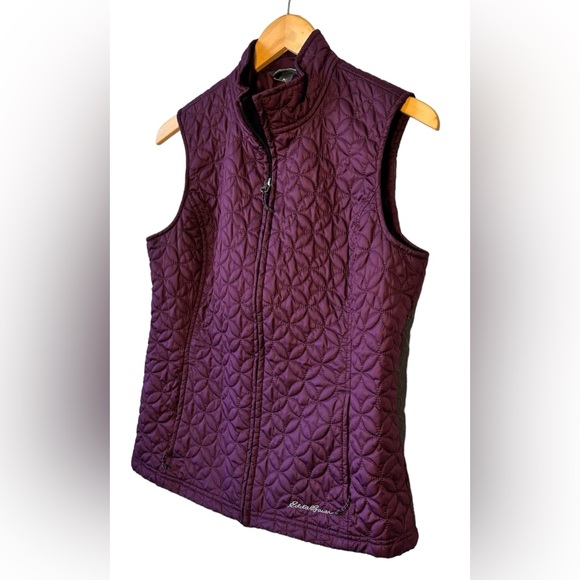 EDDIE BAUER Full Zip Mock Neck Plum Floral Print Puffer Vest Women's Size S - Picture 3 of 9